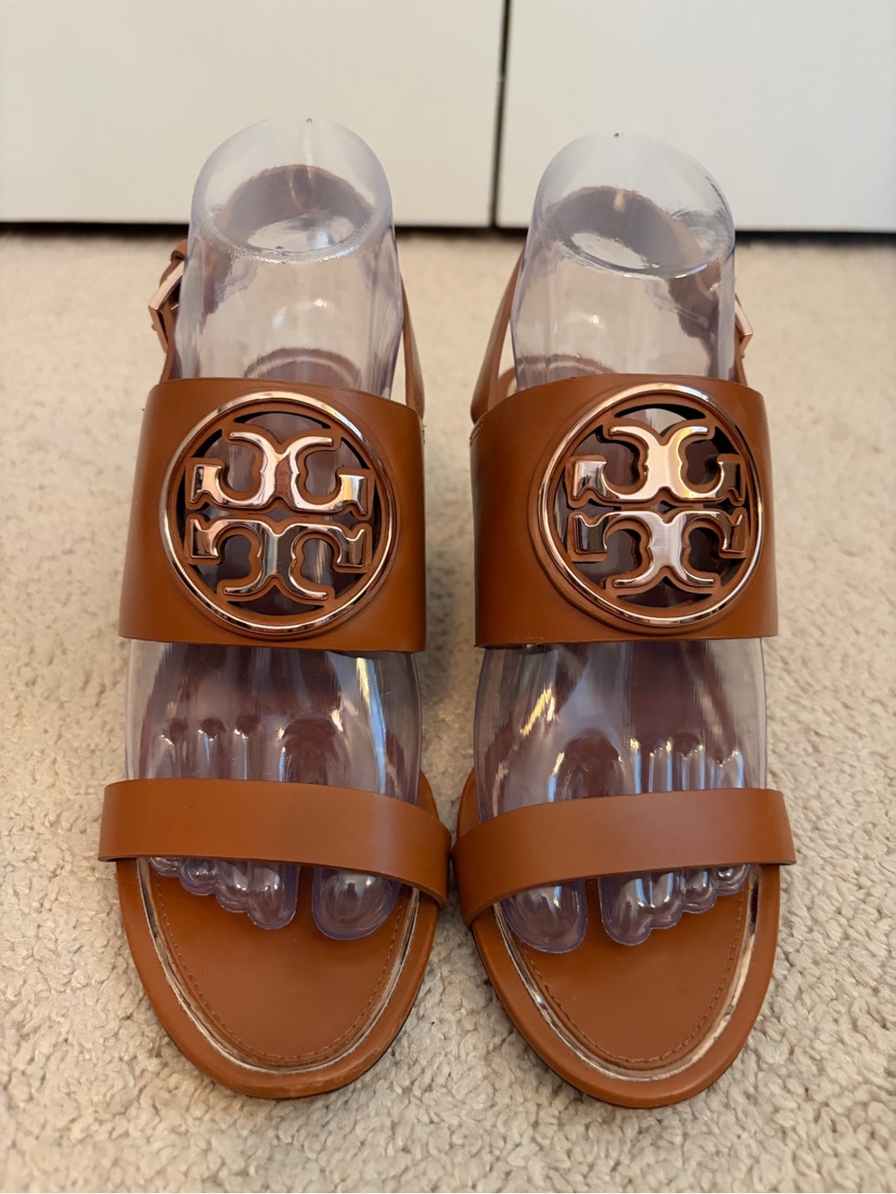 Tory Burch Metal Miller 65mm Wedge Sandals Women's Size 7.5 Tan Rose Gold 56115